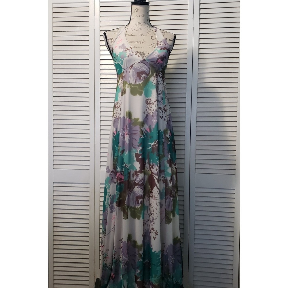 H&M Halter Maxi Dress Women's Size 4 Floral Chiffon Side Zip Ties‎ Behind Neck